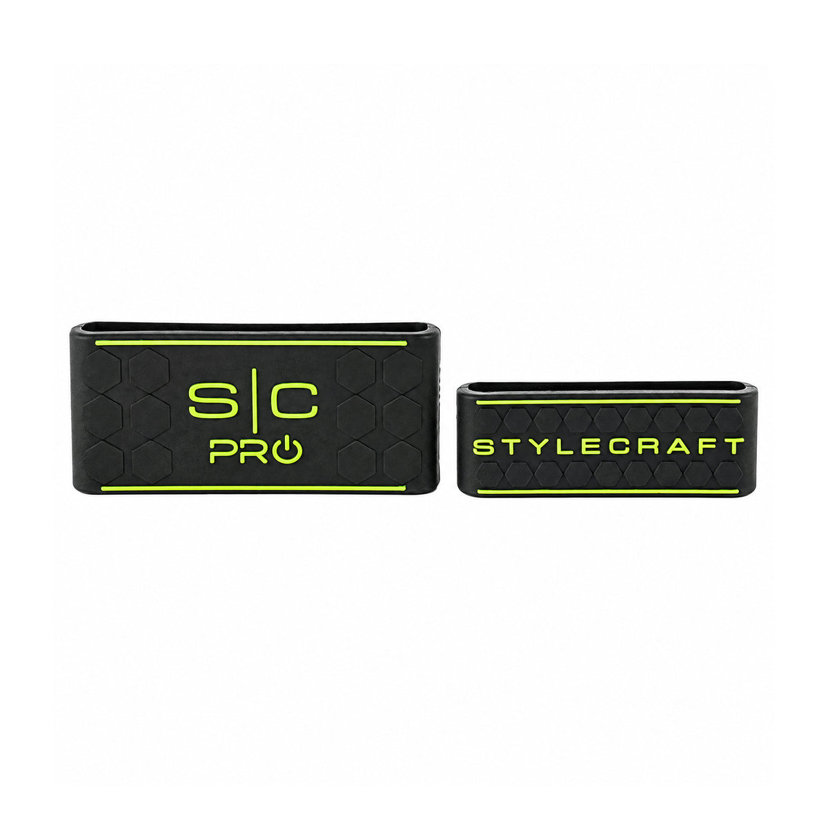 Pro Barber Clipper and Trimmer Grip Band Set of 2 in black and green with SC PRO and StyleCraft logos