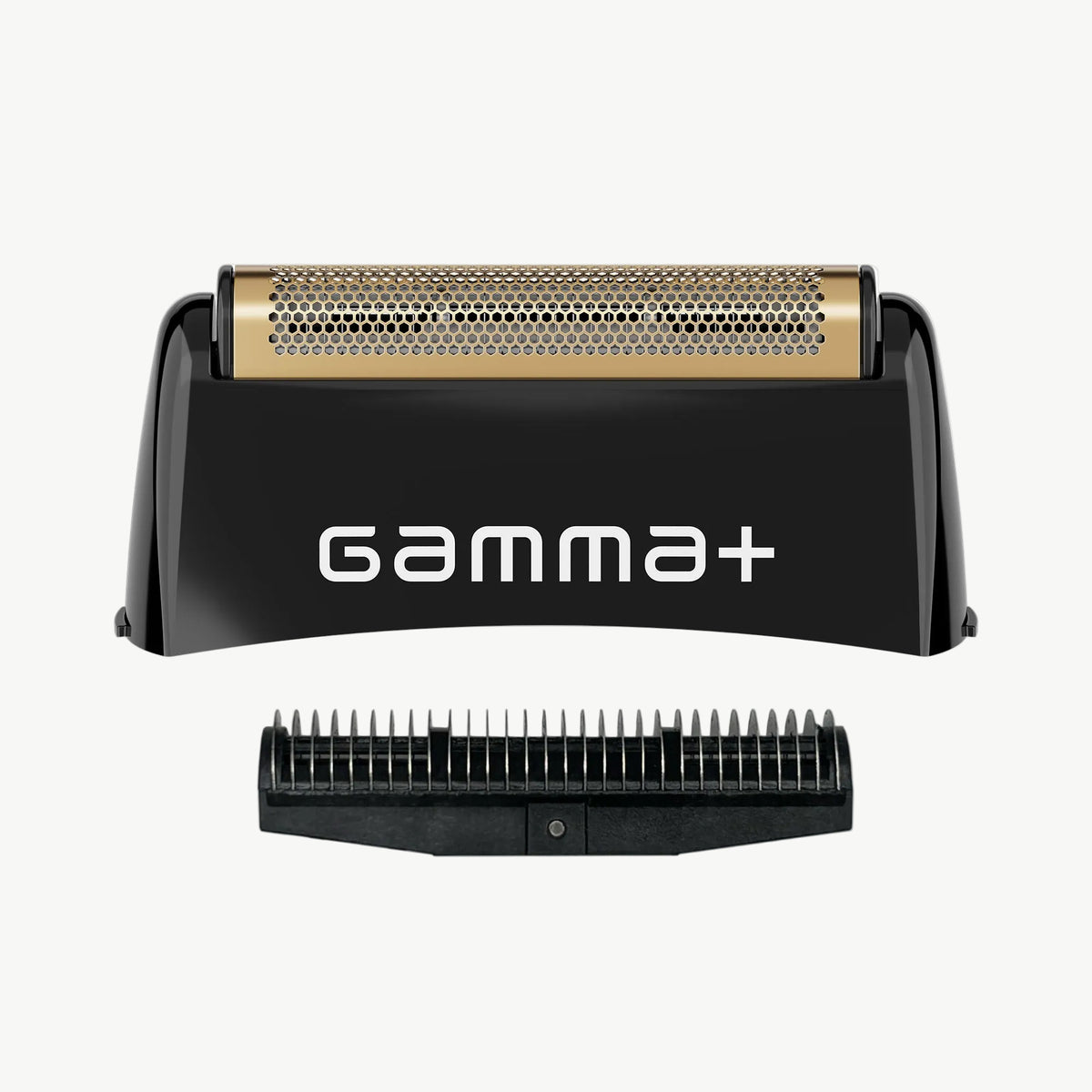 Black and gold Gamma+ electric shaver head with white logo, shown with the cutter on a white background.