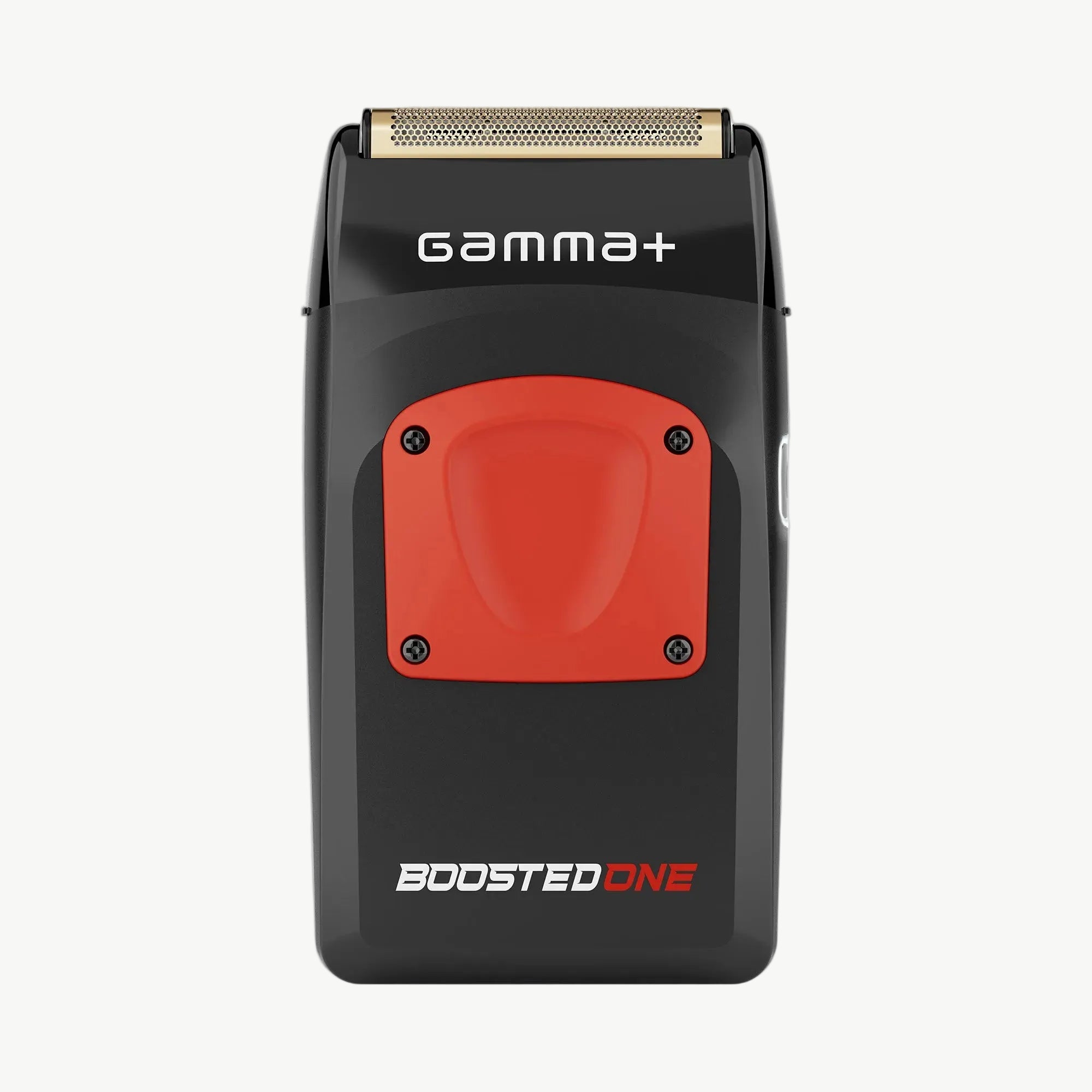 A black and red Gamma+ Boosted One electric shaver shown from the front against a solid white background.