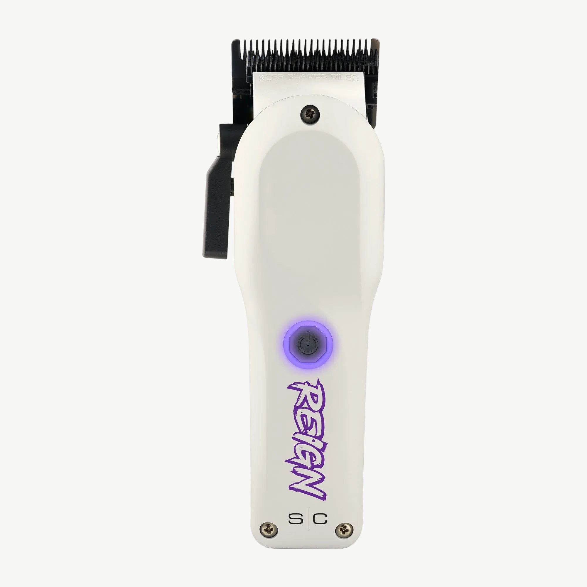 Color: white; Reign Professional Hair Clipper with EON Digital Brushless Motor viewed from the front.