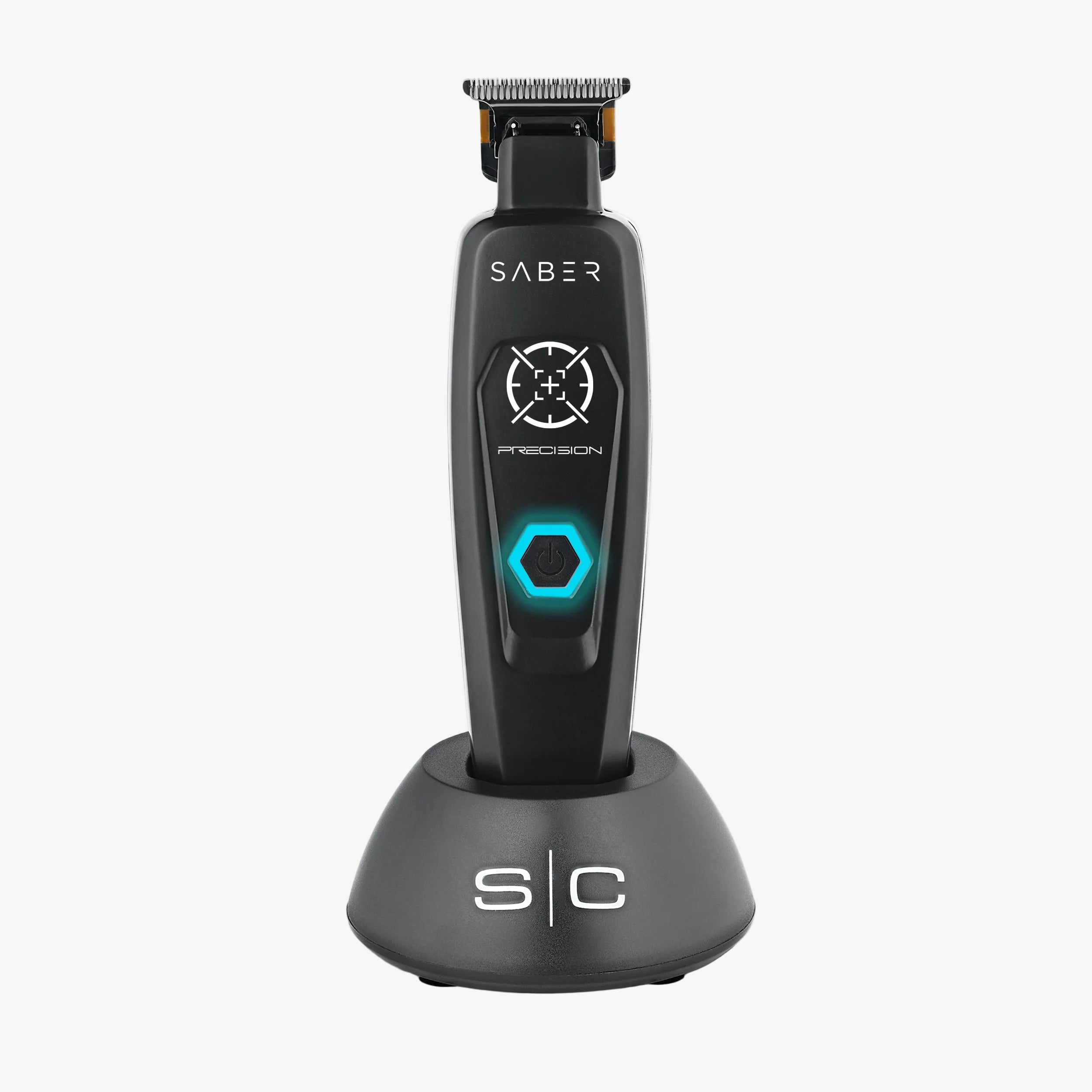 A black SABER Precision cordless electric trimmer standing upright on its matching black charging base against a white background.