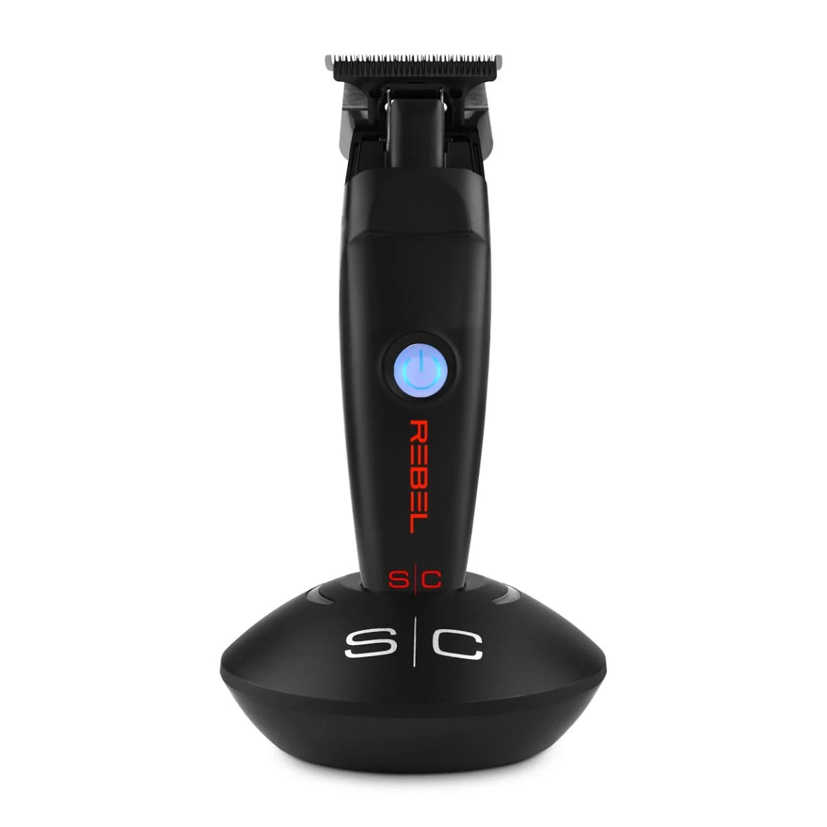 Rebel Trimmer with with Super-Torque Motor with black lid in charging base.