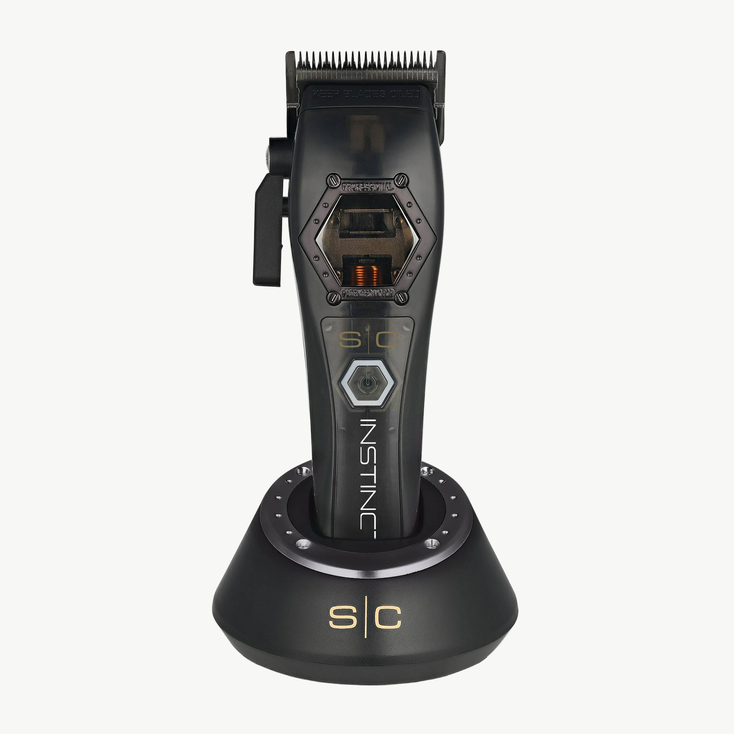 Black Instinct Metal Professional Hair Clipper with I N 2 Vector Motor in charging base.