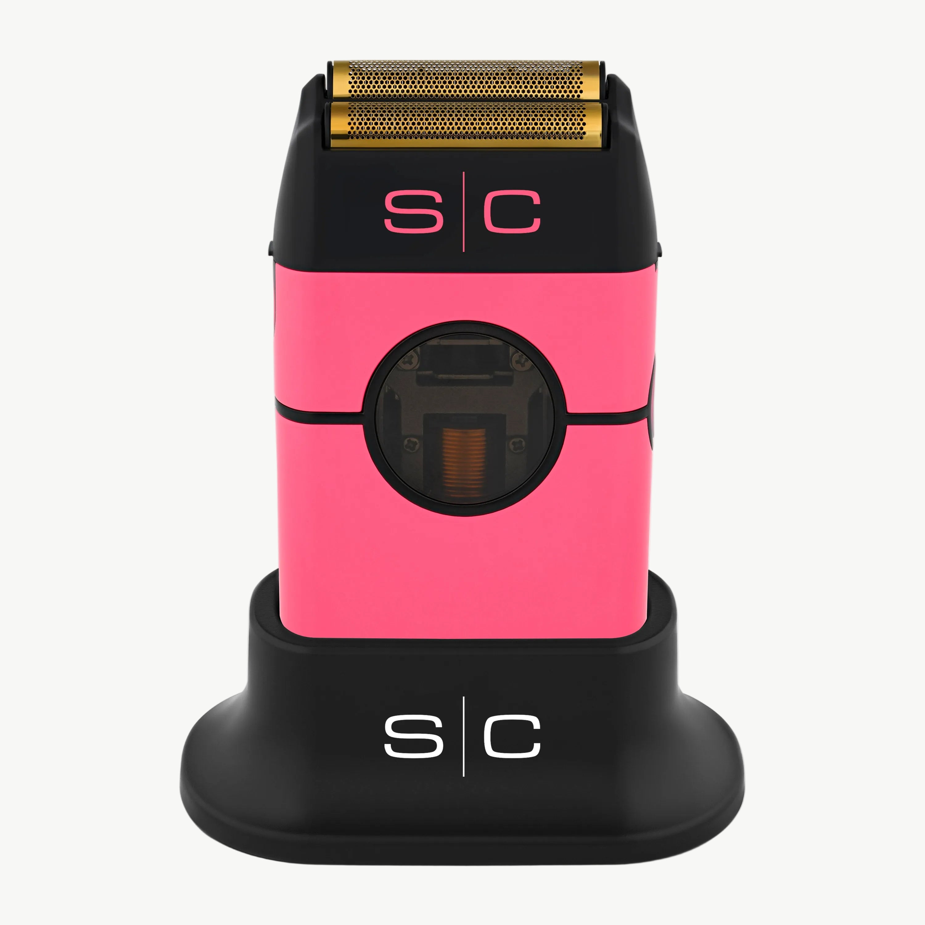Instinct Metal Professional Double Foil Shaver with a gold-toned blade, shown upright on a matching black charging dock against a white background. The brand 's|c' is visible on both the shaver and the dock.