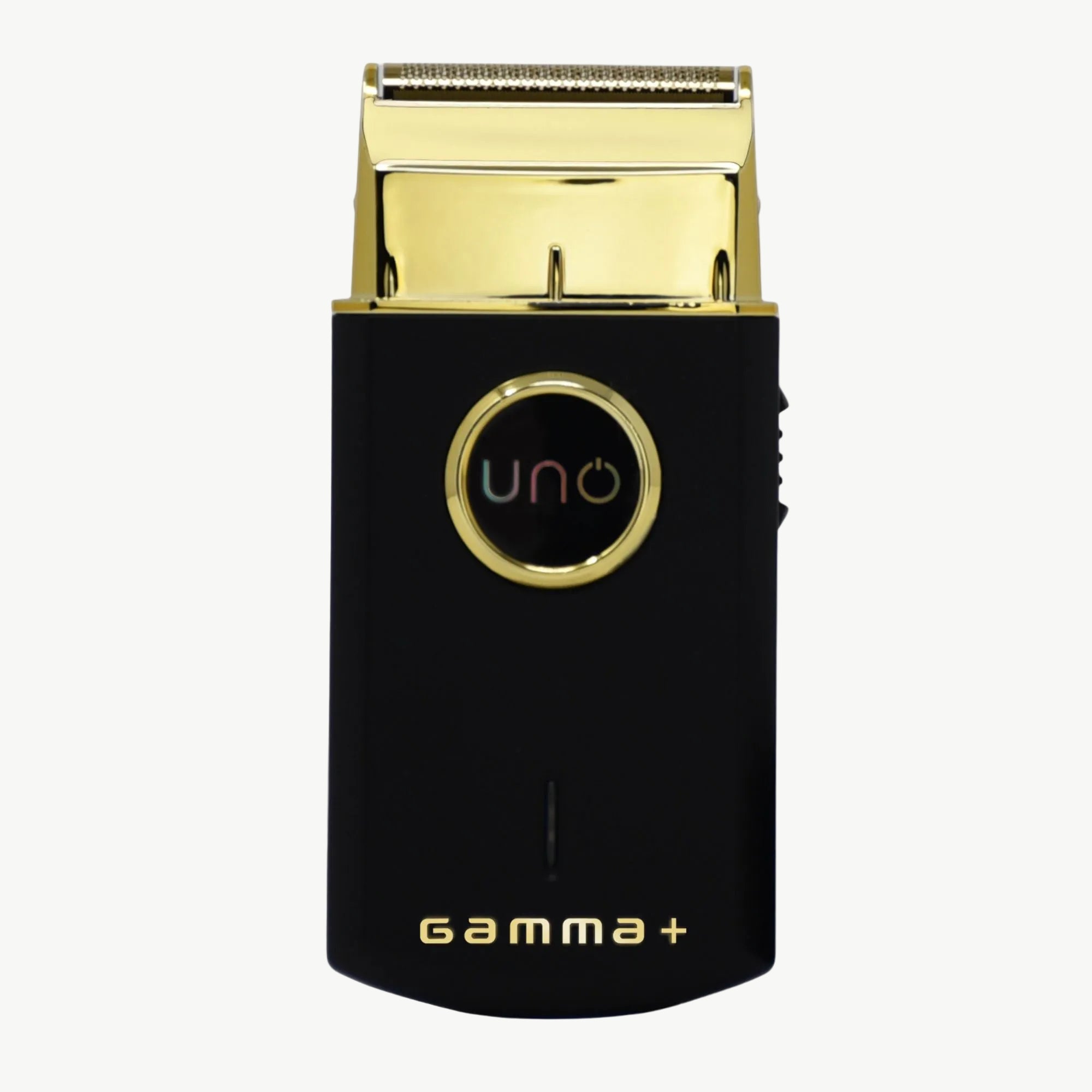 A black and gold UNO Gamma+ electric shaver shown against a plain white background.