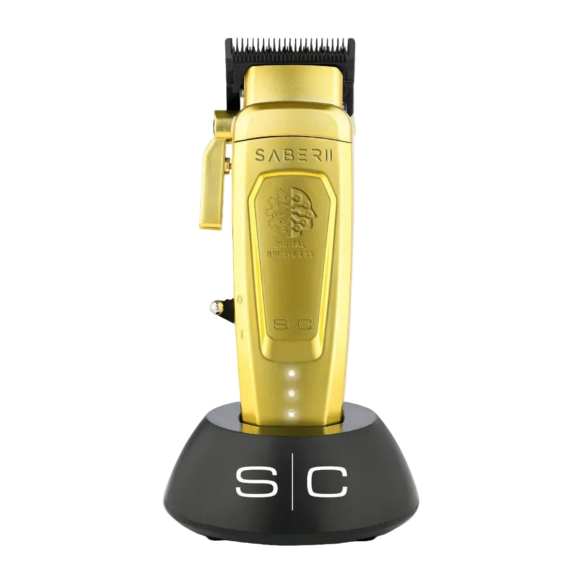 Color: Gold; Gold metal Saber 2 digital brushless clipper in charging base