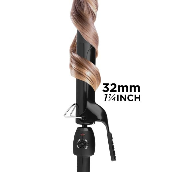 Stay-Temp Black Gold Professional Curling Iron 1.25 inch curling a lock of hair