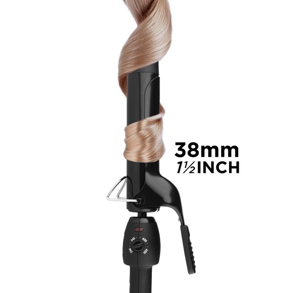 Stay-Temp Black Gold Professional Curling Iron 1.5 inch curling a lock of hair