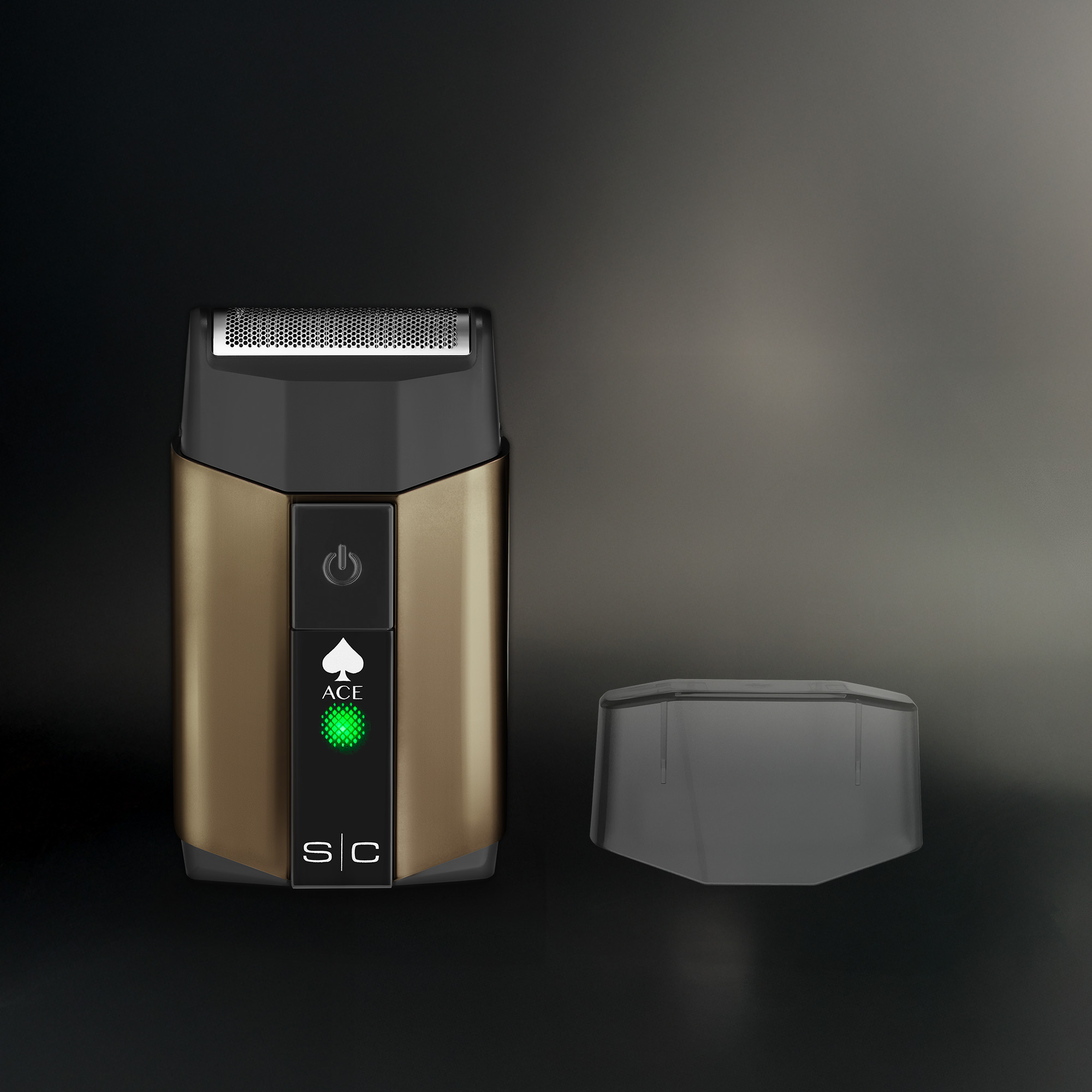 Image of the trimmer in black and gold in charging stands
