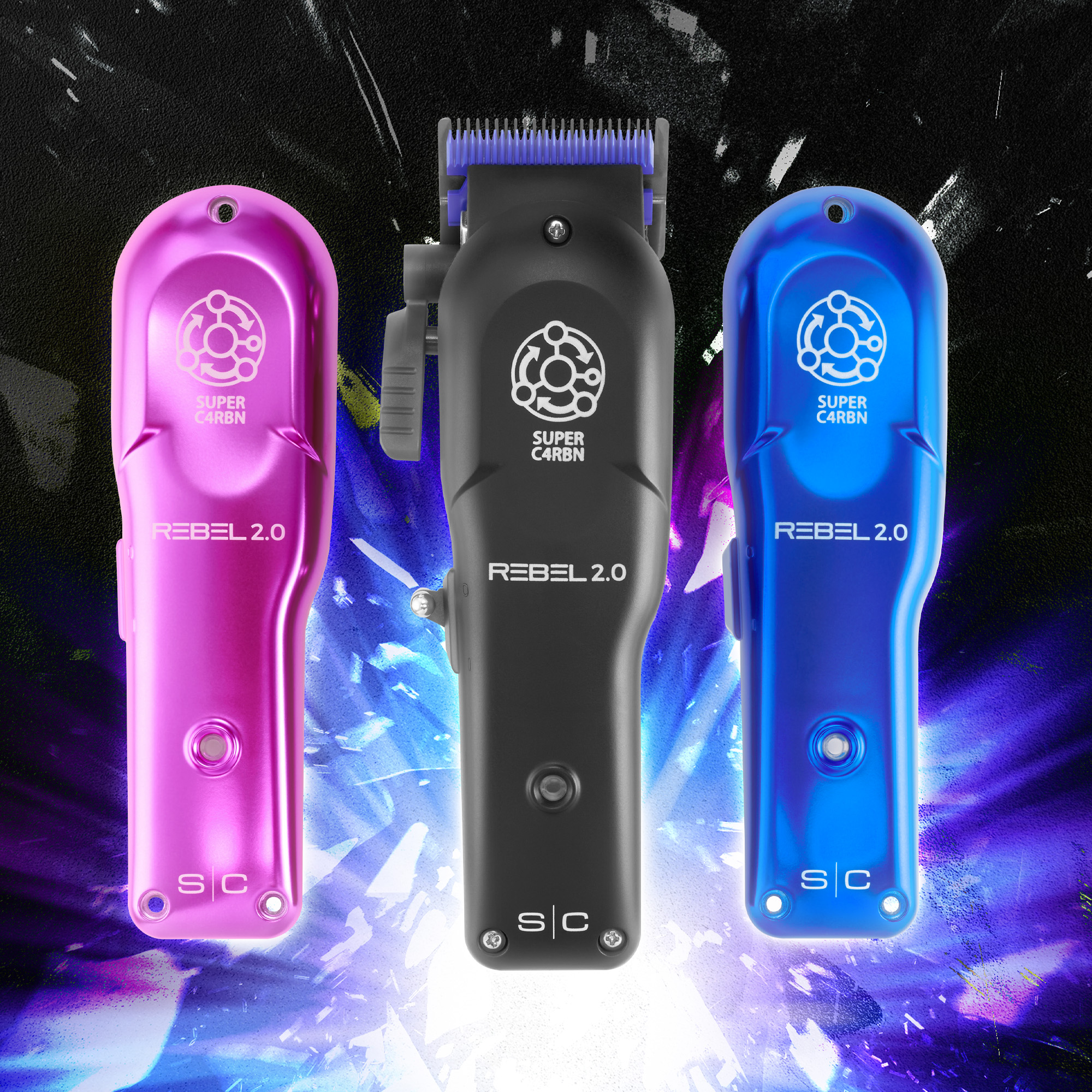 Image of the clipper with a black lid in charging stand. Pink and Blue lids on either side.