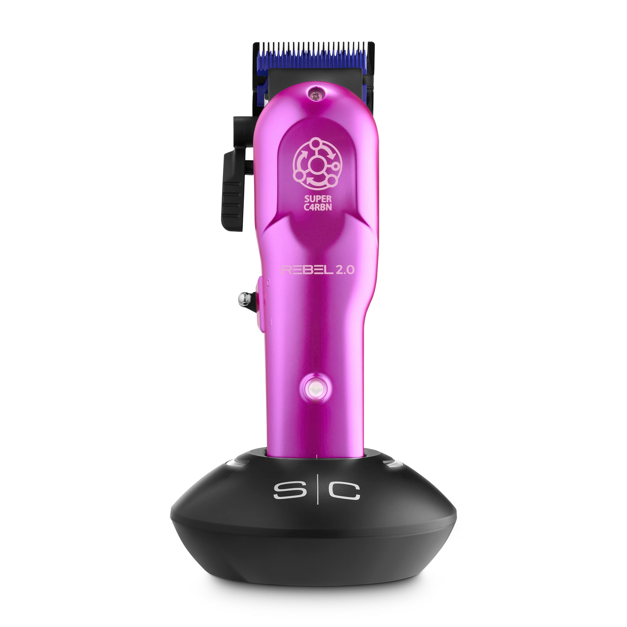 Image of the clipper with pink lid in charging stand