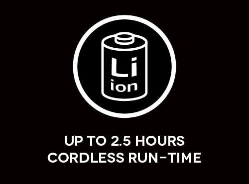 icon for 2.5 hours cordless run-time with lithium ion battery